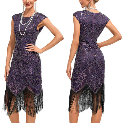 JuliaFashion - Knee Length Flapper Tassels Hem Sequined Great Gatsby Midi Dress
