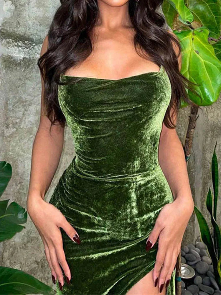 Julia Fashion - Lace Up Green Velvet Side Slit Backless Sexy Prom Elegant Party Mini Dress