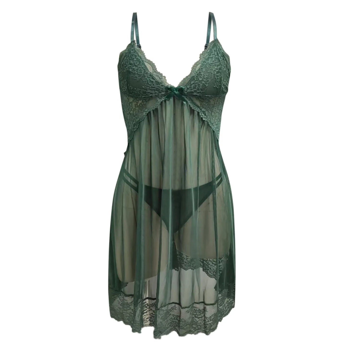 JuliaFashion - Plus Size Lace V-Neck Two-Piece Sleeperwear Dress Lingeries