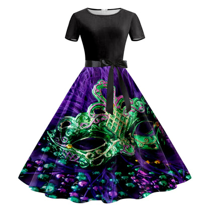 JuliaFashion - Mardi Gras 2024 Women Print Short Sleeve 1950s Evening Party Formal Belt Summer High Waist A Line Midi Dress