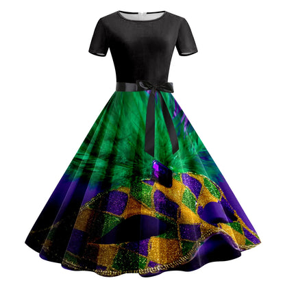 JuliaFashion - Mardi Gras 2024 Women Print Short Sleeve 1950s Evening Party Formal Belt Summer High Waist A Line Midi Dress