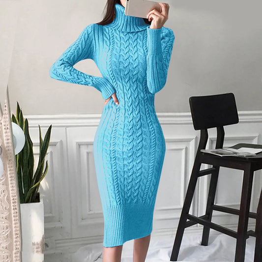 Knitted Turtleneck Long Sleeve Sweater Elegant Autumn Winter Slim Bodycon Mid-Length Warm Casual Female Dress