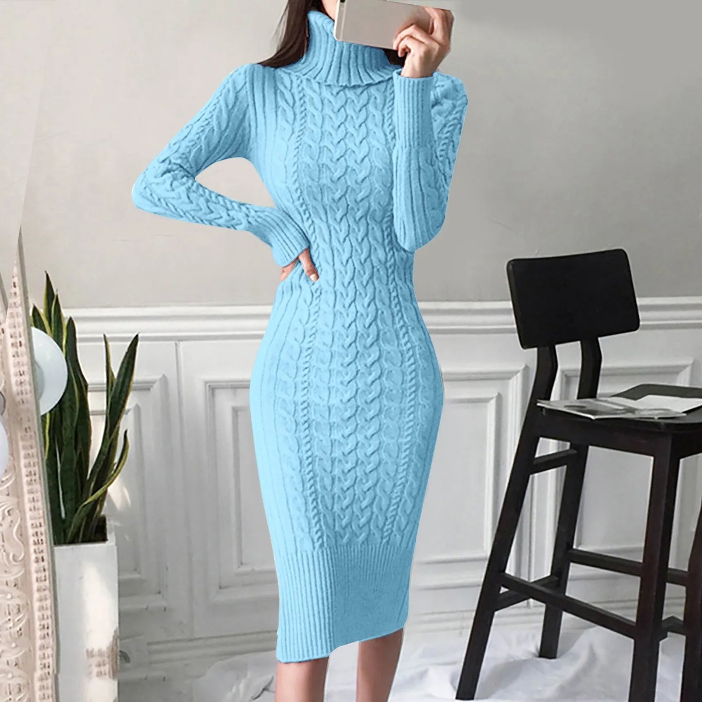 JuliaFashion - Knitted Turtleneck Long Sleeve Sweater Elegant Autumn Winter Slim Bodycon Mid-Length Warm Casual Female Dress