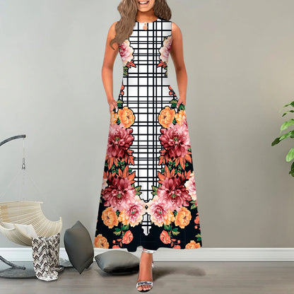 JuliaFashion - New Loose Floral Vintage Hole Big Large Elegant Party Maxi With Pockets Summer Boho Sleeveless Long Dress