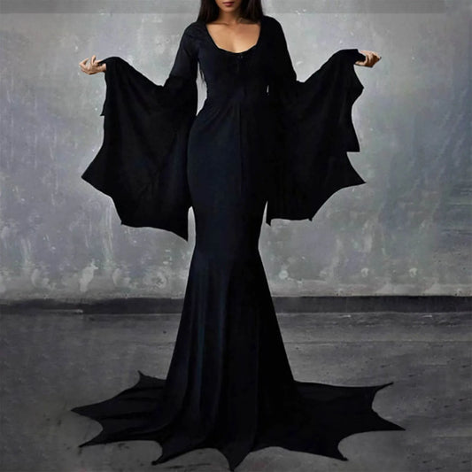 JuliaFashion - New Retro Gothic High Waist Vampire Bat Sleeve Halloween Outfit Dress