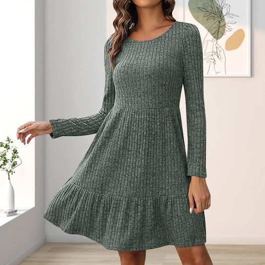 JuliaFashion - O-Neck Soild Knitted For 2024 Autumn And Winter New Long Sleeve Loose A Line Female Casual Party Vestidos Dress