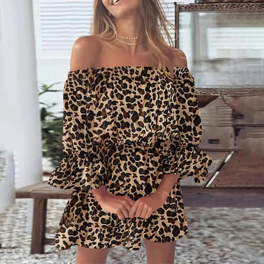 JuliaFashion - Off Shoulder Mini Women Leopard Polka Dot Elegant Summer Casual Loose Fashion Slash Neck Long Sleeve Party Dress
