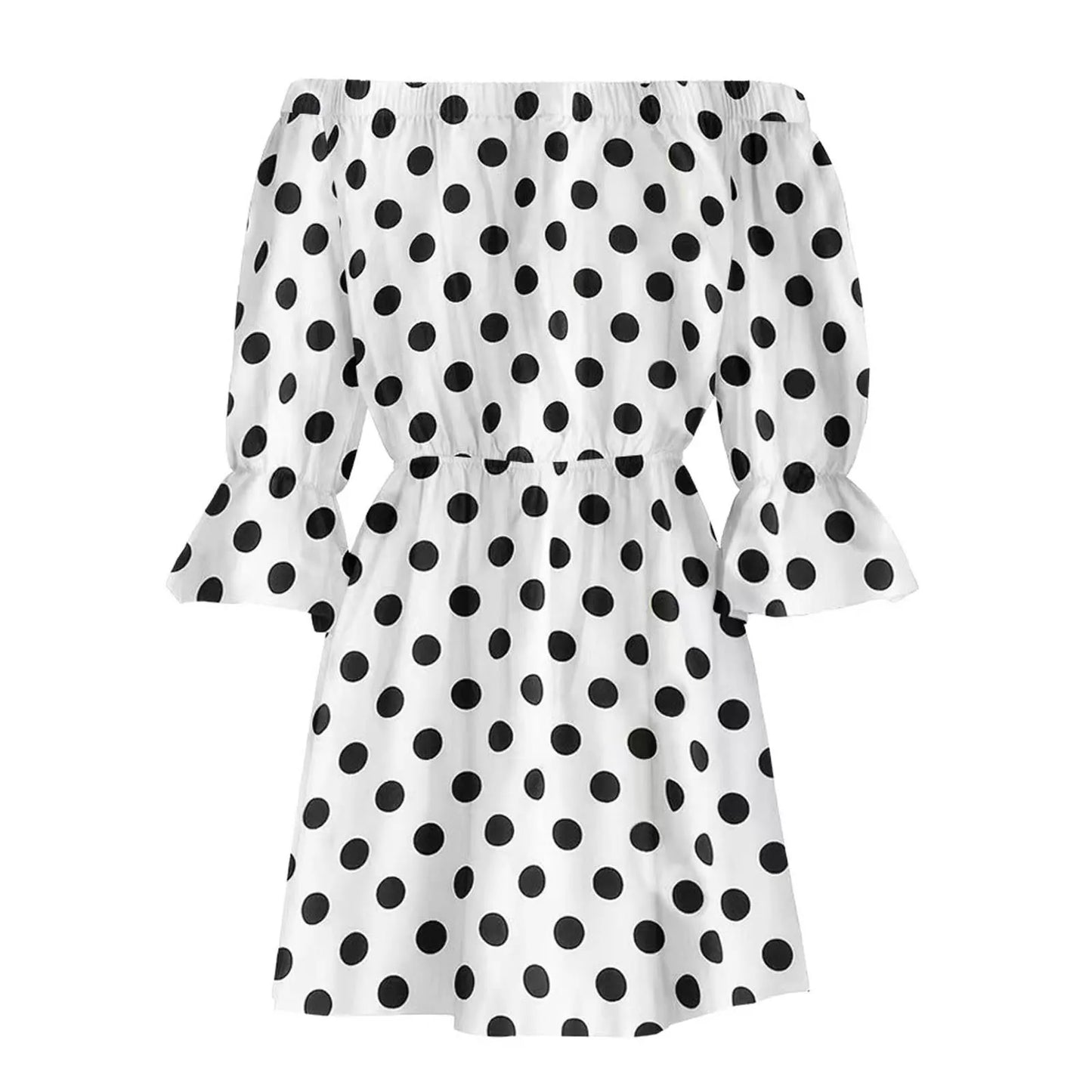 JuliaFashion - Off Shoulder Mini Women Leopard Polka Dot Elegant Summer Casual Loose Fashion Slash Neck Long Sleeve Party Dress