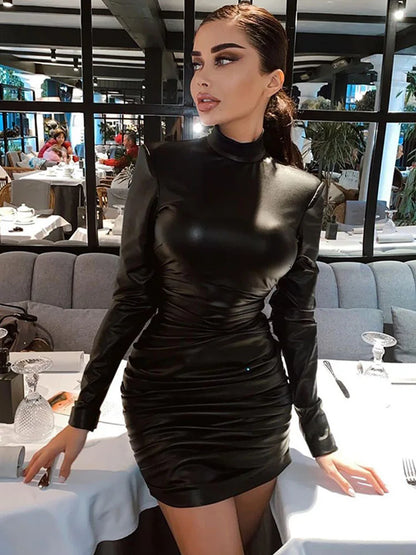 Julia Fashion - Ruched Turtleneck Bodycon Sexy Clubwear Mini Dress