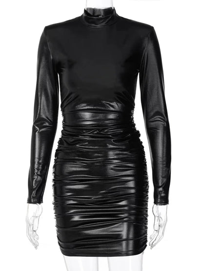Julia Fashion - Pu Leather Ruched Turtleneck Long Sleeve Mini Dress