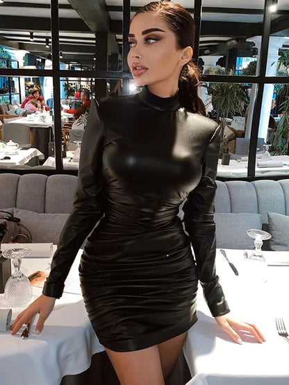 Julia Fashion - Pu Leather Ruched Turtleneck Long Sleeve Mini Dress