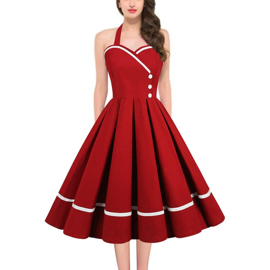 JuliaFashion - Pin Up Rockabilly Party 50s 60s Button Pleated Strapless Cotton Red Green Pink V Neck Femme Vintage Dress