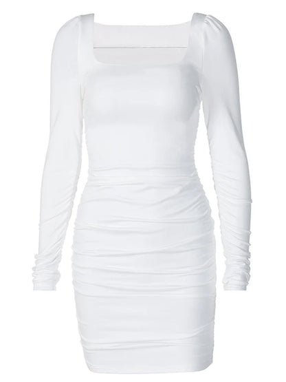 Julia Fashion - Ruched Solid Long Sleeve Bodycon Sexy Party Streetwear Mini Dress