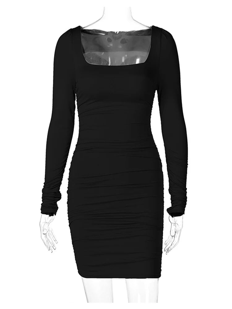 Julia Fashion - Ruched Solid Long Sleeve Bodycon Sexy Party Streetwear Mini Dress