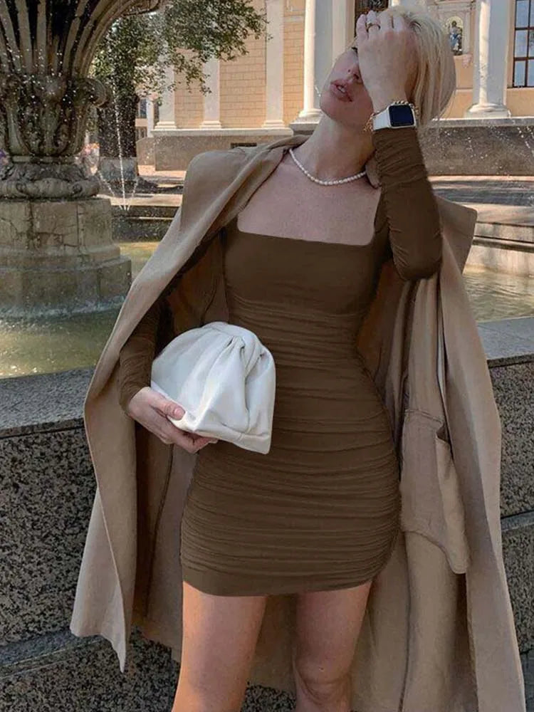 Julia Fashion - Ruched Solid Long Sleeve Mini Dress