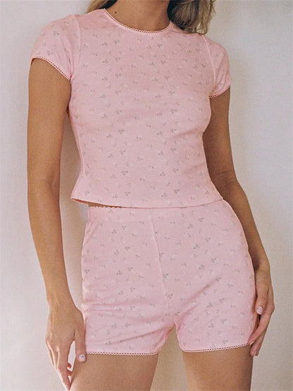 JuliaFashion - Retro Floral Print Short Sleeve Crew Neck Tops Shorts Pajama Suits