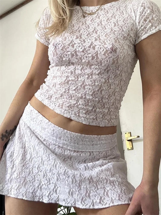 JuliaFashion - Short Sleeve T-shirts Crop Tops High Waist Skirts Suits