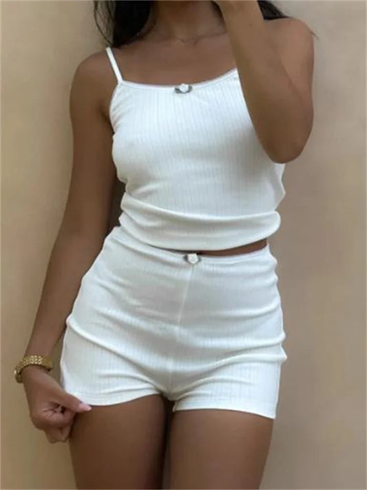 Vintage Lace Trim Cami Crop Tops White Shorts Sleepwear Suits