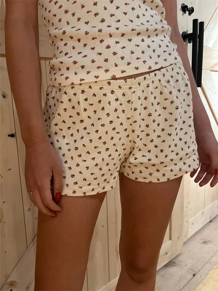 JuliaFashion - Sleeveless Strap Floral Print Tops Shorts Sleepwear Suits
