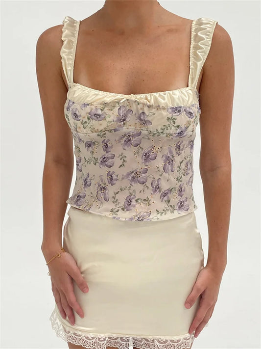 JuliaFashion - Retro Floral Print Square Neck Lace-up Tops  Lace Mini Skirts Suits