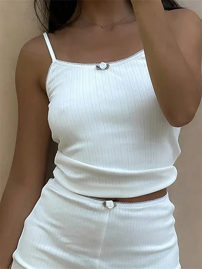 JuliaFashion - Vintage Lace Trim Cami Crop Tops White Shorts Sleepwear Suits