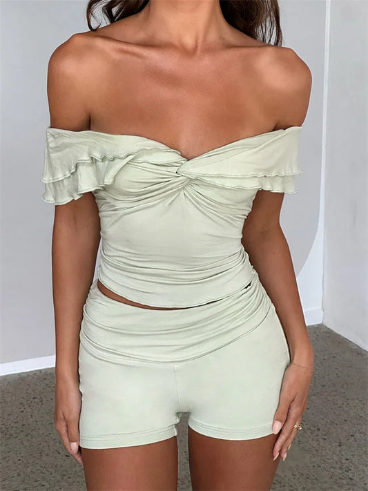 Off Shoulder Knotted Ruched T-shirts Crop Tops Skinny Shorts Suits