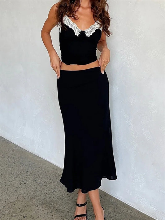 JuliaFashion - Sexy V-neck Sleeveless Lace Trim Camis Side Zip Up Midi Skirts Suits