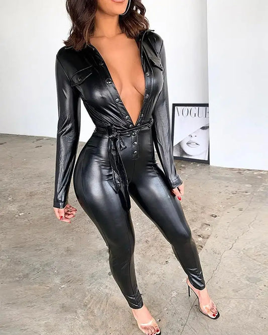 JuliaFashion - Sexy Deep V Faux Leather Black Jumpsuits
