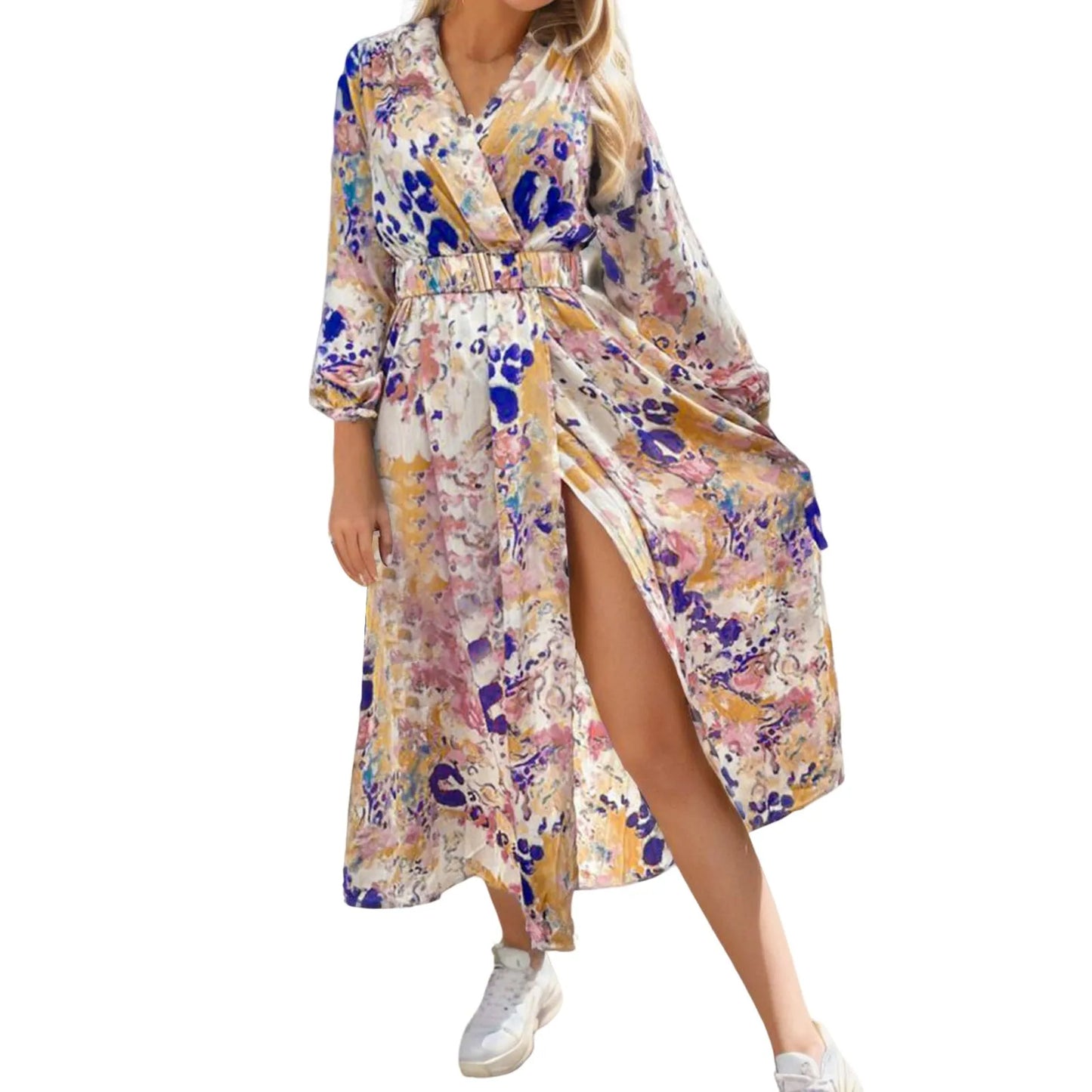 JuliaFashion - Sexy Deep V Neck Print Sashes Women Elegant Long Sleeve Slim Party 2024 Spring Autumn High Slit Vestidos Dress