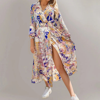 JuliaFashion - Sexy Deep V Neck Print Sashes Women Elegant Long Sleeve Slim Party 2024 Spring Autumn High Slit Vestidos Dress