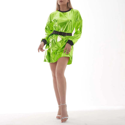 JuliaFashion - Sexy Fashion PU Long Sleeve Color Matching 2024 Spring Summer For Women Casual Loose Baggy Mini Short Dress
