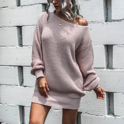 JuliaFashion - Sexy Party One Shoulder Mini Knitted Women Casual Sweater Elegant Woman Autumn Spring Solid Long Sleeve Dress