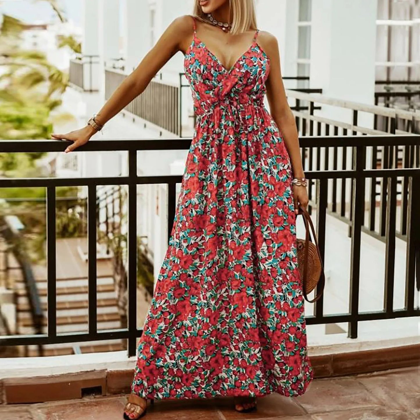 JuliaFashion - Sexy Spaghetti Strap Floral Print Boho Maxi Women 2024 Summer Casual Beach Robe Elegant V-Neck Backless Long Dress