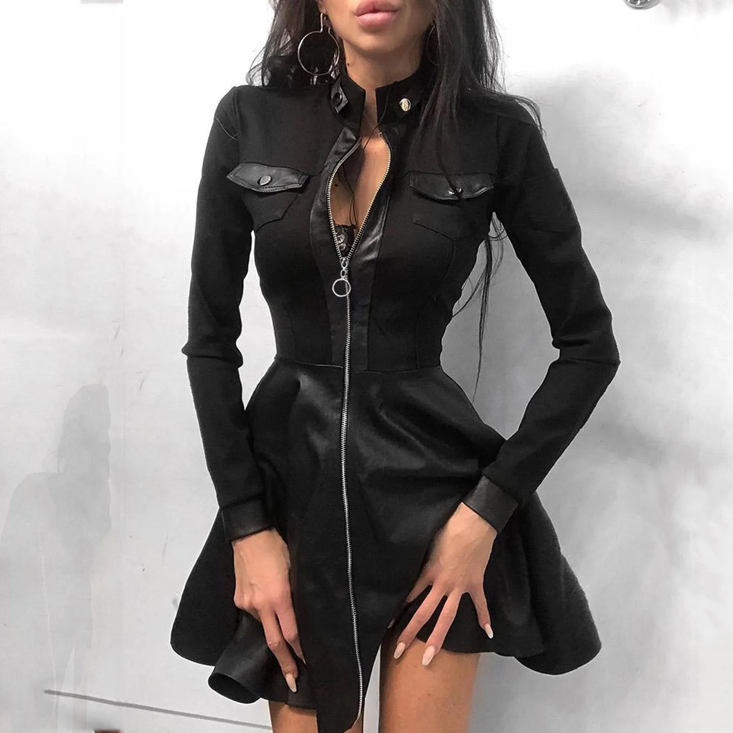 JuliaFashion - Sexy Stand Collar Print Zipper Long Sleeves Mini Casual Autumn Spring Fashion Pocket Leather Elegant Slim Dress