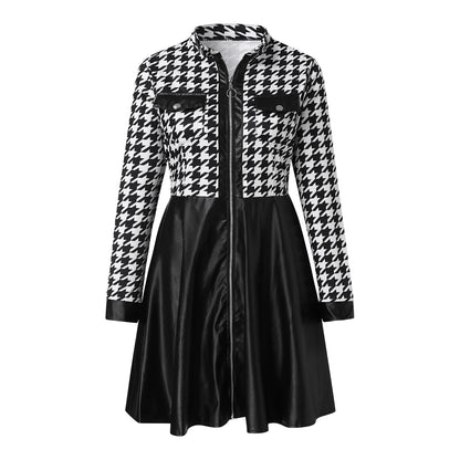 JuliaFashion - Sexy Stand Collar Print Zipper Long Sleeves Mini Casual Autumn Spring Fashion Pocket Leather Elegant Slim Dress