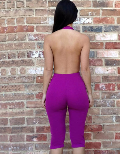 JuliaFashion - Purple Plunge V-Neck Halter Skinny Calf-Length Pants Jumpsuits