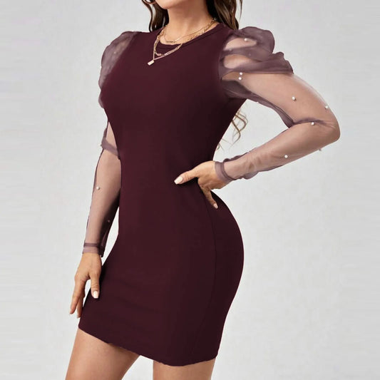 Solid Color Women Party Temperament Mesh Splicing Long Sleeve Bodycon Round Neck Slim Fit Wrap Hip Mini Dress