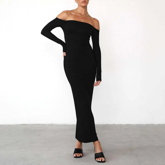 JuliaFashion - Spring Autumn Women Solid Black Off Shoulder Maxi 2024 New Elegant Slash Neck Long Sleeve Bodycon Slim Dress