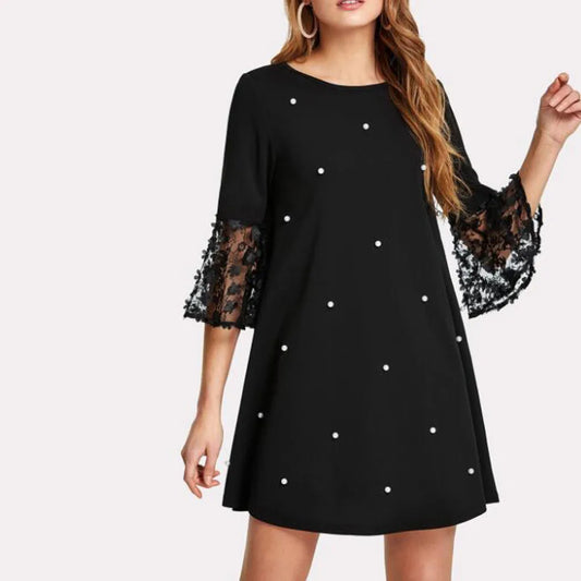 JuliaFashion - Spring Fashion Solid Dots O-Neck Women Mesh Lace Spliced Long Sleeve For Women Casual Summer Holiday Vestidos Dress