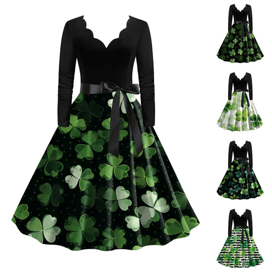 JuliaFashion - St. Patrick's Day Party For Women 2024 New Belted V Neck Long Sleeve Four Leaf Straw Print Vintage Swing A Line Dress