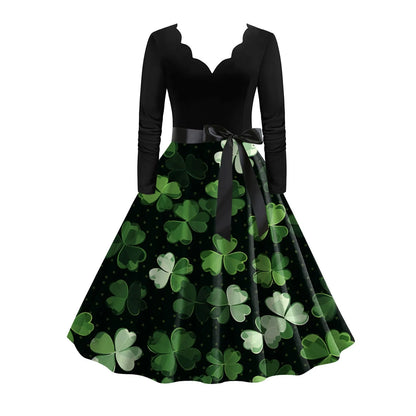 JuliaFashion - St. Patrick's Day Party For Women 2024 New Belted V Neck Long Sleeve Four Leaf Straw Print Vintage Swing A Line Dress