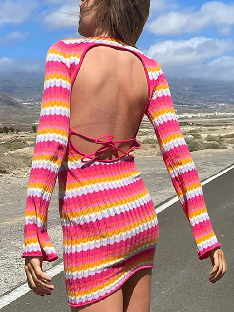 Julia Fashion - Stripe Knit Beach Backless Long Sleeve Green Sexy Party Mini Dress