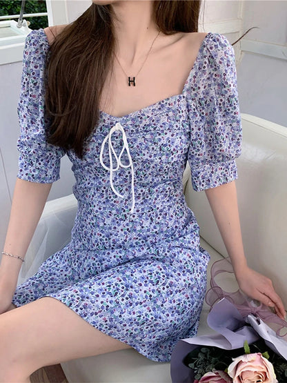 Julia Fashion - Retro Boho Tie-neck Print White Puff-sleeve Elegant Mini Dress