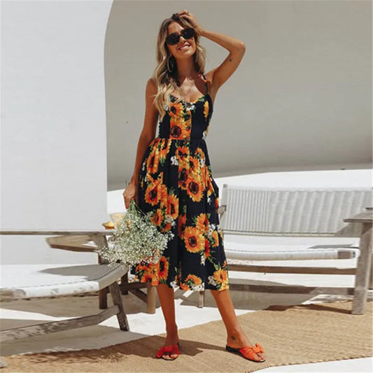 Julia Fashion - Sexy V-neck Sleeveless Flower Beach Pocket Vacation Robe Mini Dress