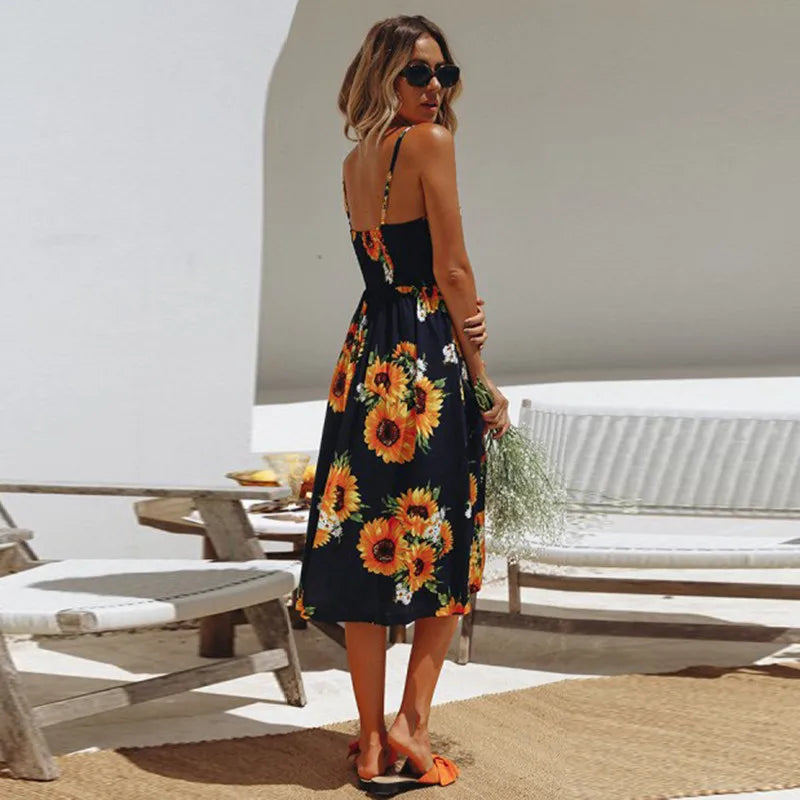 Julia Fashion - Sexy V-neck Sleeveless Flower Beach Pocket Vacation Robe Mini Dress