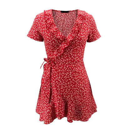 Julia Fashion - Women’s Floral A-Line Dress V-neck Bandage Short Chic Mini Dress