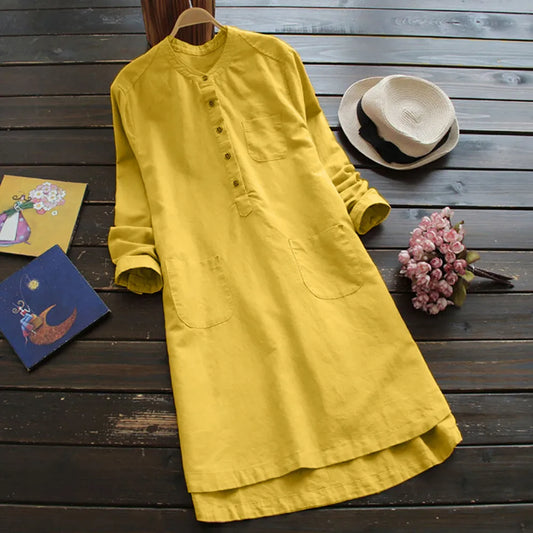 JuliaFashion - Tunic Shirt 2024 Spring Women Long Sleeve Botton Pocket Long Female Casual Solid Linen Cotton Retro Vestidos Dress
