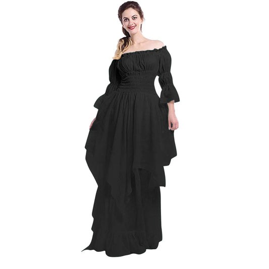 JuliaFashion - Vintage Victorian Medieval Puff Sleeve Off Shoulder Costume Solid Cosplay Prom Princess Gown Gothic Dress