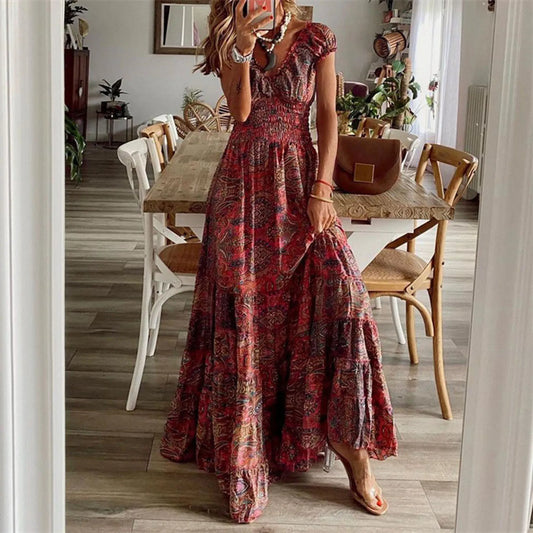 JuliaFashion - Vintage Bohemian Gypsy Causal V Neck Straps Boho Style Short Sleeve Long Beach Vestidos Dress