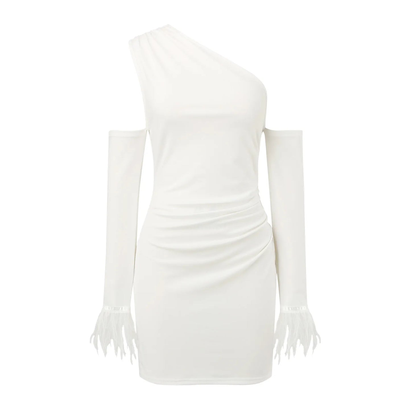 JuliaFashion - White Black One Shoulder Mini Women Sexy Backless Bodycon 2024 Spring Fashion Feathers Flare Long Sleeve Dress